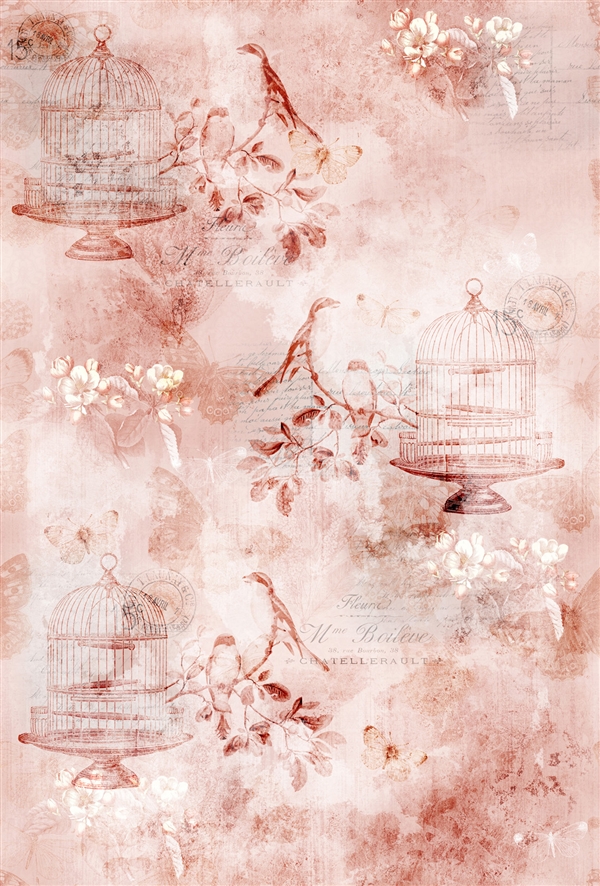 Whimsical design of birds in cages print fabric in coral tones