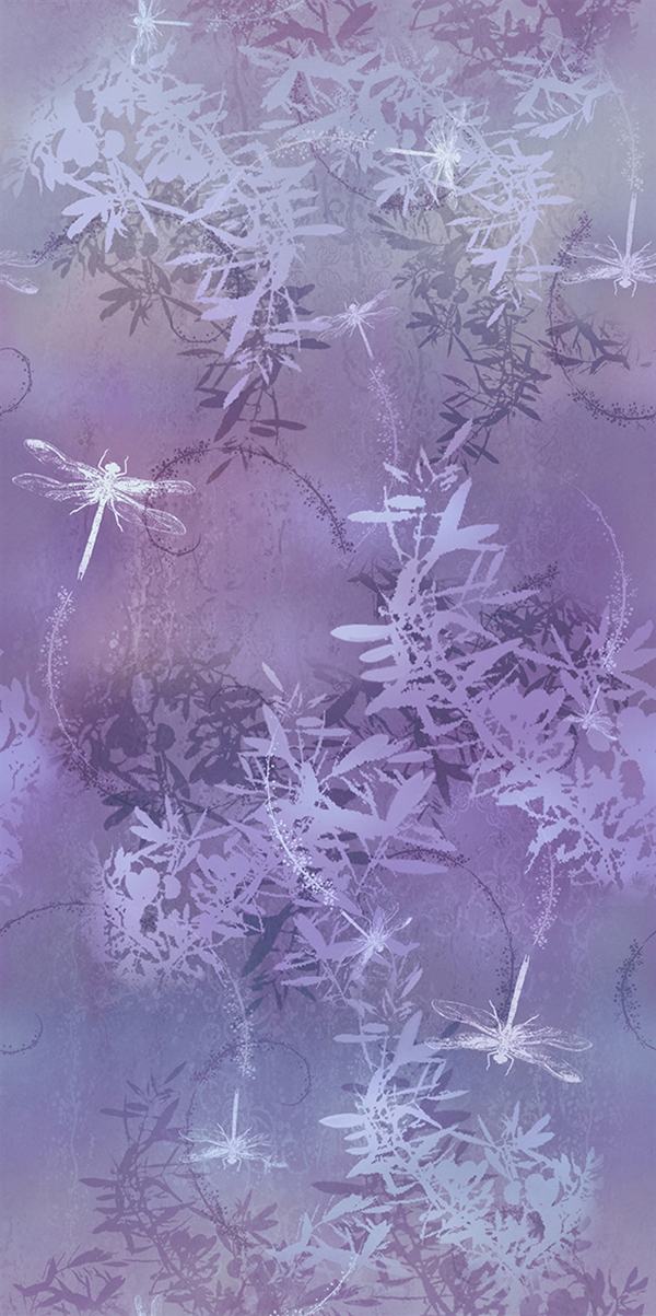 A wisteria ombre (light, dark, light), with foliage and dragonflies