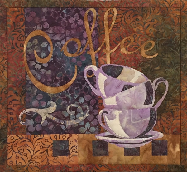 Quilt block that shows three empty coffee mugs stacked, with the word "Coffee" above in elegant script.