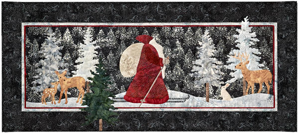 Saint Nick on skiis is watched by deer as he progresses on a starlit winter night