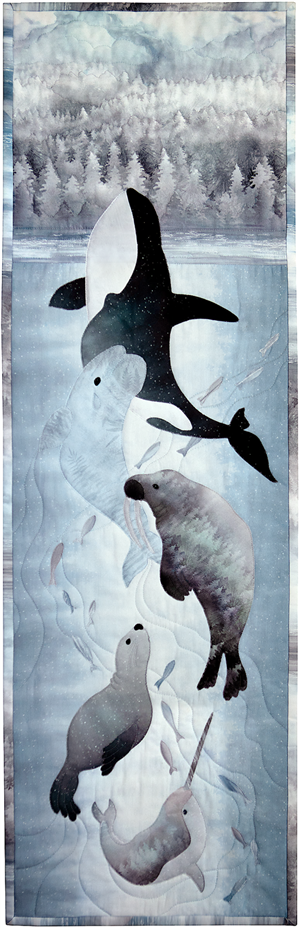 a narwhal, seal, walrus, beluga whale, and an orca swim together in synchronicity