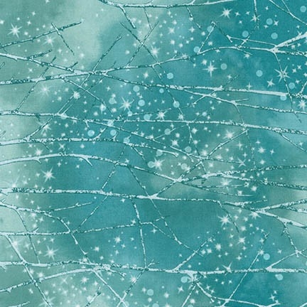 Snowy forest screen print with snowfall lacquer in medium blue and pale aqua.