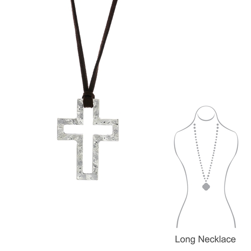 14456 HAMMERED SMALL OPEN CROSS LONG SUEDE NECKLACE