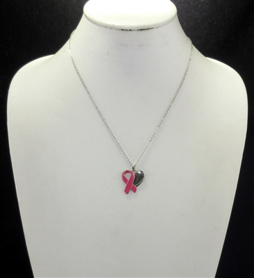 16157 INSPIRATIONAL HEART & PINK RIBBON SILVER NECKLACE