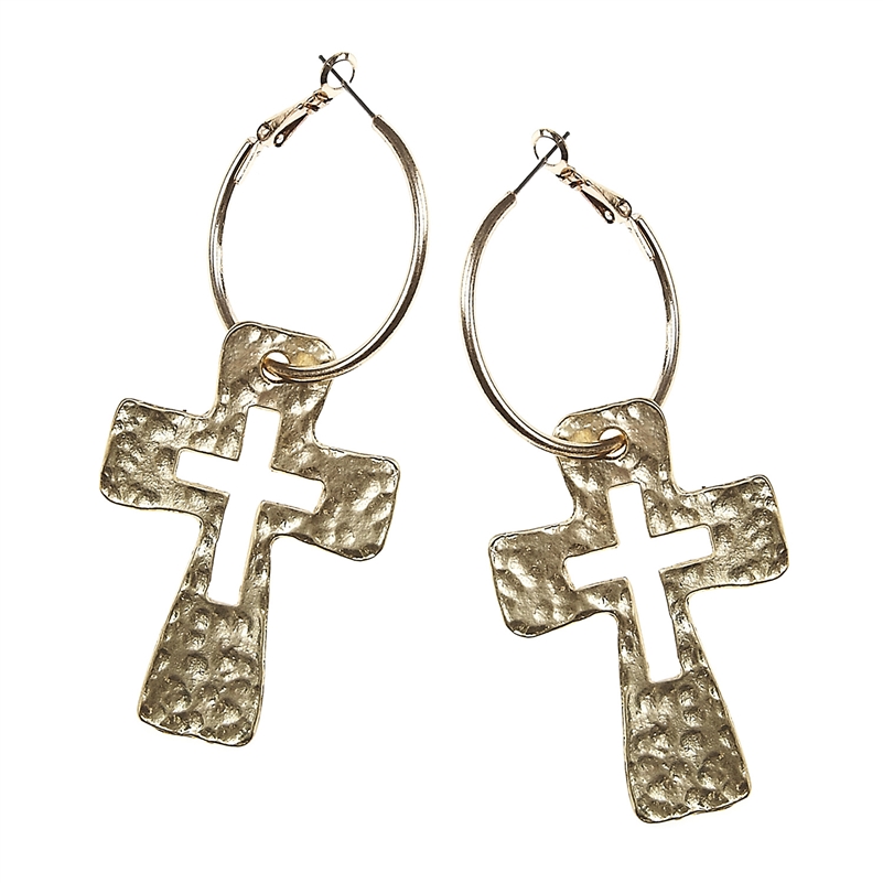 7740E-GD WORN GOLD LARGE CUT-OUT CROSS ON HOOP EARRING