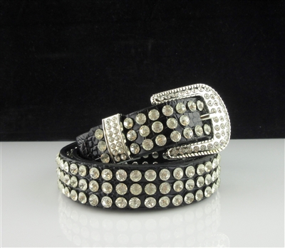 9008-1 3 LINE RHINESTONE BLACK "CROCODILE" LEATHER BELT