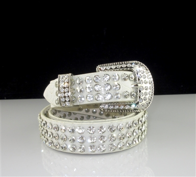 9008 3 LINE RHINESTONE WHITE "CROCODILE" LEATHER BELT