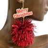 AE40095RD RED MERRY CHRISTMAS TINSEL POMPOM EARRINGS
