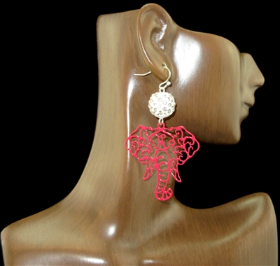 AE4012 RHINESTONE BEAD/RED FILIGREE ELEPHANT DROP EARRINGS