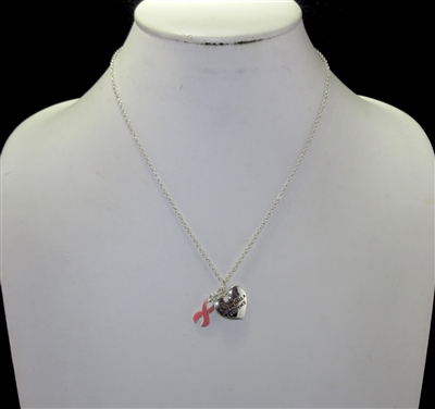 AN1573 INSPIRATIONAL HEART & PINK RIBBON SILVER NECKLACE