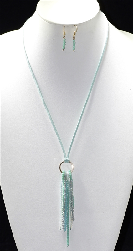 BNE02731 SMALL CRYSTAL BEAD LONG TASSEL NECKLACE SET