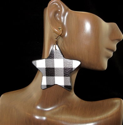 BPE03 BLACK & WHITE BUFFALO PLAID STAR EARRINGS