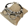 CBL6405 SIVER HAMMERED BEADED BLACK LEATHER BRACELET