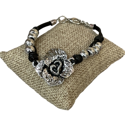 CBL701 ANTIQUE ROSE BEADED BLACK LEATHER BRACELET