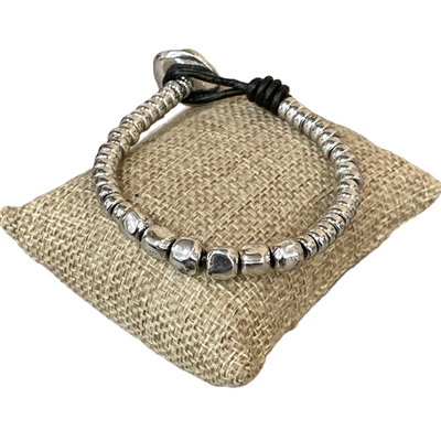 CBL708 SILVER BEADED BLACK LEATHER BRACELET