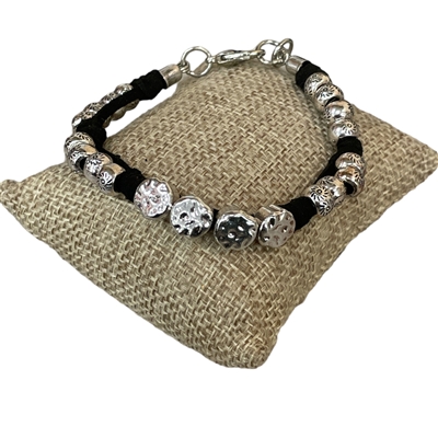 CBL709 SILVER BEADED BLACK LEATHER BRACELET