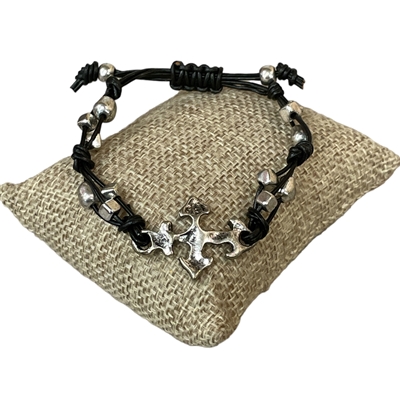 CBL7113  CROSS BEADED BLACK LEATHER BRACELET