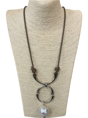 EN17010 CIRCLE & PEARL  BROWN CORD LONG NECKLACE