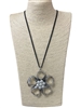 EN28274 SILVER FLOWER WITH PEARLS LONG NECKLACE