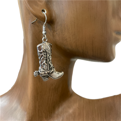 JE-0048 SILVER  ANTIQUE COW GIRL BOOT EARRINGS