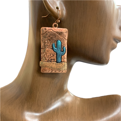 KE-0992 ANTIQUE  SQUARE TWO TONE CACTUS EARRINGS