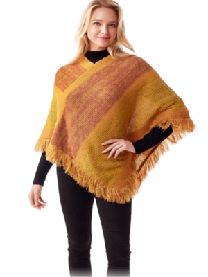 LOF1227 MUSTARD VERTICAL STRIPE PONCHO W/ TASSEL