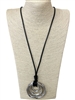 N09648 SILVER CIRCLE  LONG BROWN CORD NECKLACE