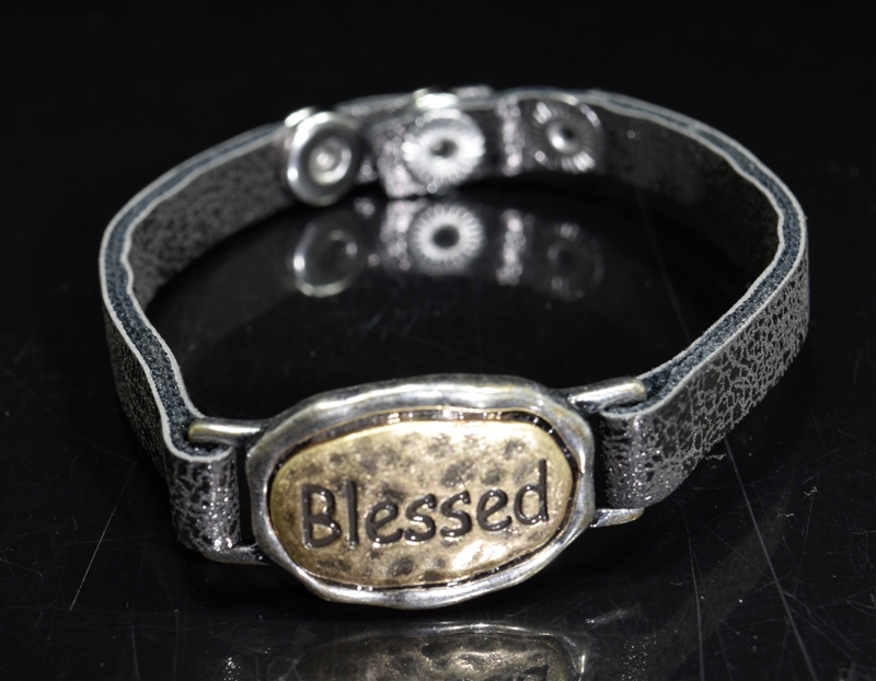 QB-6176 "BLESSED" HAMMERED LEATHER BRACELET