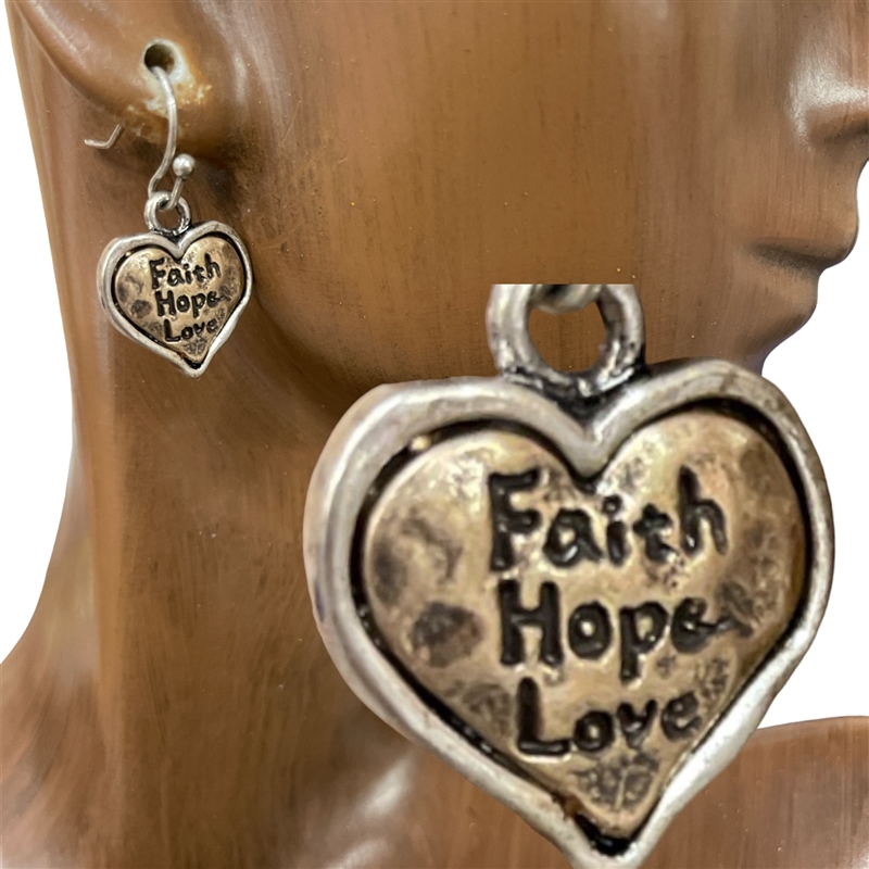 QE-3159 HAMMERED HEART ''FAITH,HOPE,LOVE'' EARRING