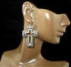 QE-6526 HAMMERED ANTIQUE CARVED PATTERN SILVER CROSS EARRINGS