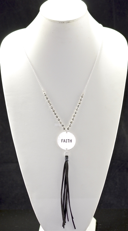 QN341 HAMMERED SILVER BEADED "FAITH" TASSEL NECKLACE