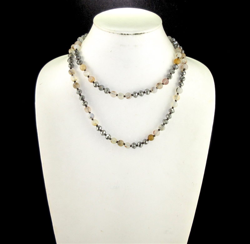 SC368NTMC 36" 8MM POLISHED NATURAL STONE & MOCHA CRYSTAL NECKLACE