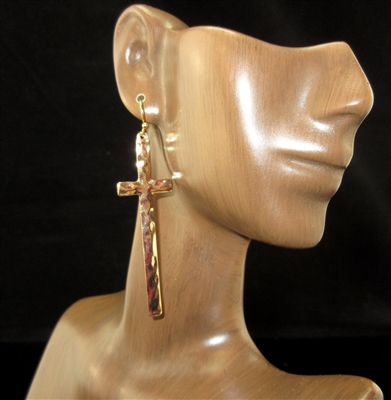 VE2701-1 HAMMERED SHINY SLIM LONG CROSS EARRINGS