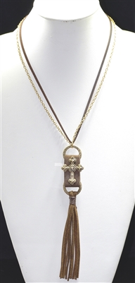 ZQN1937 LEATHER/CHAIN HAMMERED CROSS TASSEL NECKLACE