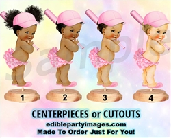 Baseball Player Baby Girl Centerpiece with Stand OR Cutouts, Pink Ruffles, Bat and Cap