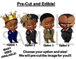 PRE-CUT Dark Skin Royal Prince Afro Dreds Boss Baby Boy EDIBLE Cake Topper Image | Designer Boss Baby Boy | Edible Afro Boss Baby Cupcakes