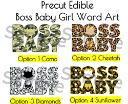 Boss Baby Girl Word Art Patterns EDIBLE Images for Cake or Cupcakes, Cheetah Sunflower Diamonds Boss Baby Edible Decals