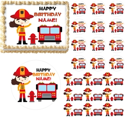 Firefighter GIRL Fire Truck Theme Edible Cake Topper Image Frosting Sheet - All Sizes!