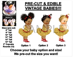 PRE-CUT Gold Red Accents Vintage Baby Girl EDIBLE Cake Topper Image Afro Puffs
