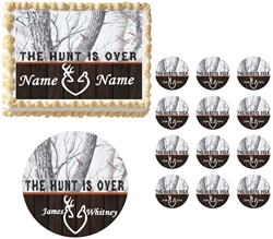 THE HUNT IS OVER Winter Camo Snowy Real Tree Edible Cake Topper Image Wedding