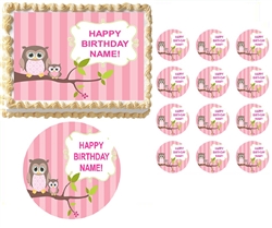 Look WHOO'S Pink Girl Owl First Birthday Baby Shower Edible Cake Topper Frosting Sheet - All Sizes!
