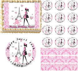 Pink and White PARIS Damask LADY POODLE Eiffel Tower Edible Cake Topper Image Frosting Sheet - All Sizes!