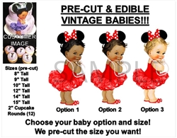 PRE-CUT Red and White Mouse Ears Vintage Baby Girl EDIBLE Cake Topper Image Tutu