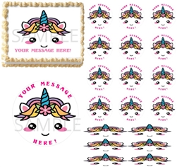 Kawaii Cute Pastel Rainbow Unicorn Face Horns EDIBLE Cake Image Cupcakes Unicorn