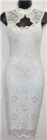 White sleeveless form fit, lined lace dress.