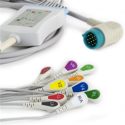 Physio Control Fixed ECG Lead Wire Set 10 Lead Snap Clip to 12 Pin Connector Physio Control Compatible
