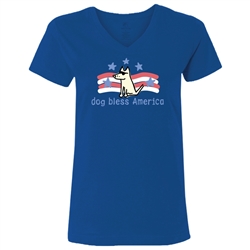 Dog Bless America Ladies V-Neck Tee. (Limited Edition) Royal.