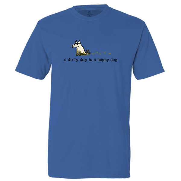 A Dirty Dog Is A Happy Dog T Shirt. Neon Blue.
