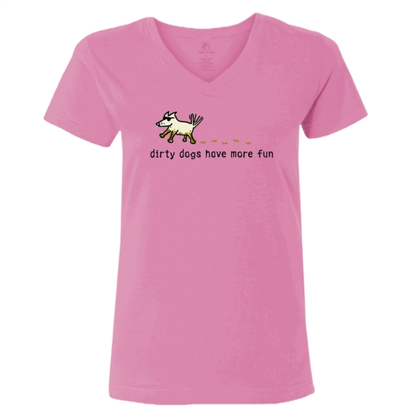 Dirty Dogs Have More Fun Ladies V-Neck T Shirt. Raspberry.