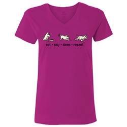 Eat Play Sleep Repeat Ladies V-Neck T Shirt. Fuchsia Pink.